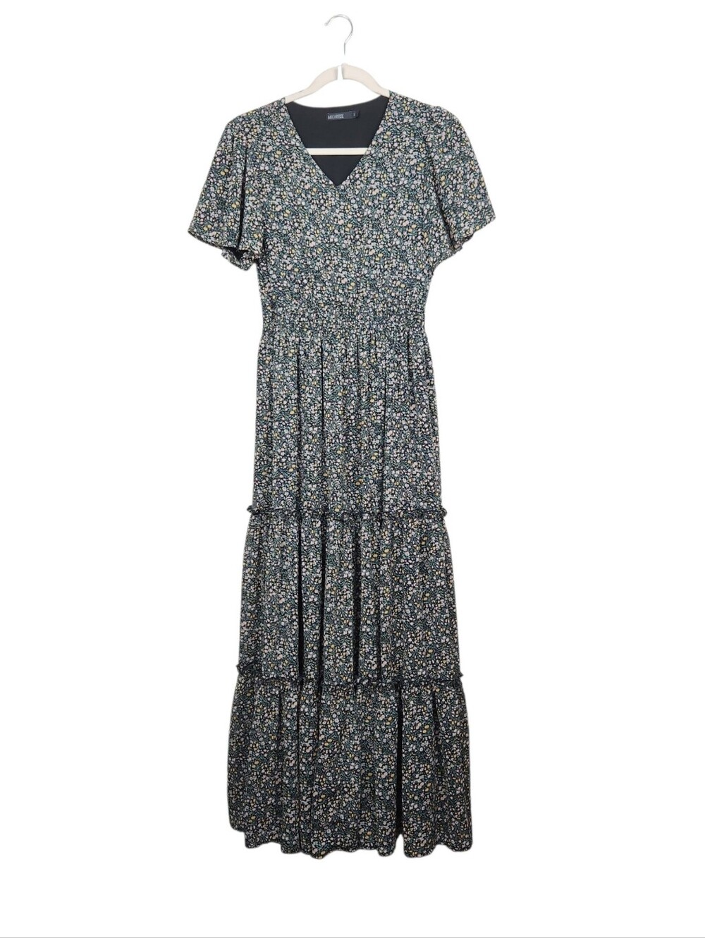 Mikarose Black Floral Tiered Ruffle Flutter Sleeve Maxi Dress Womens Size Small